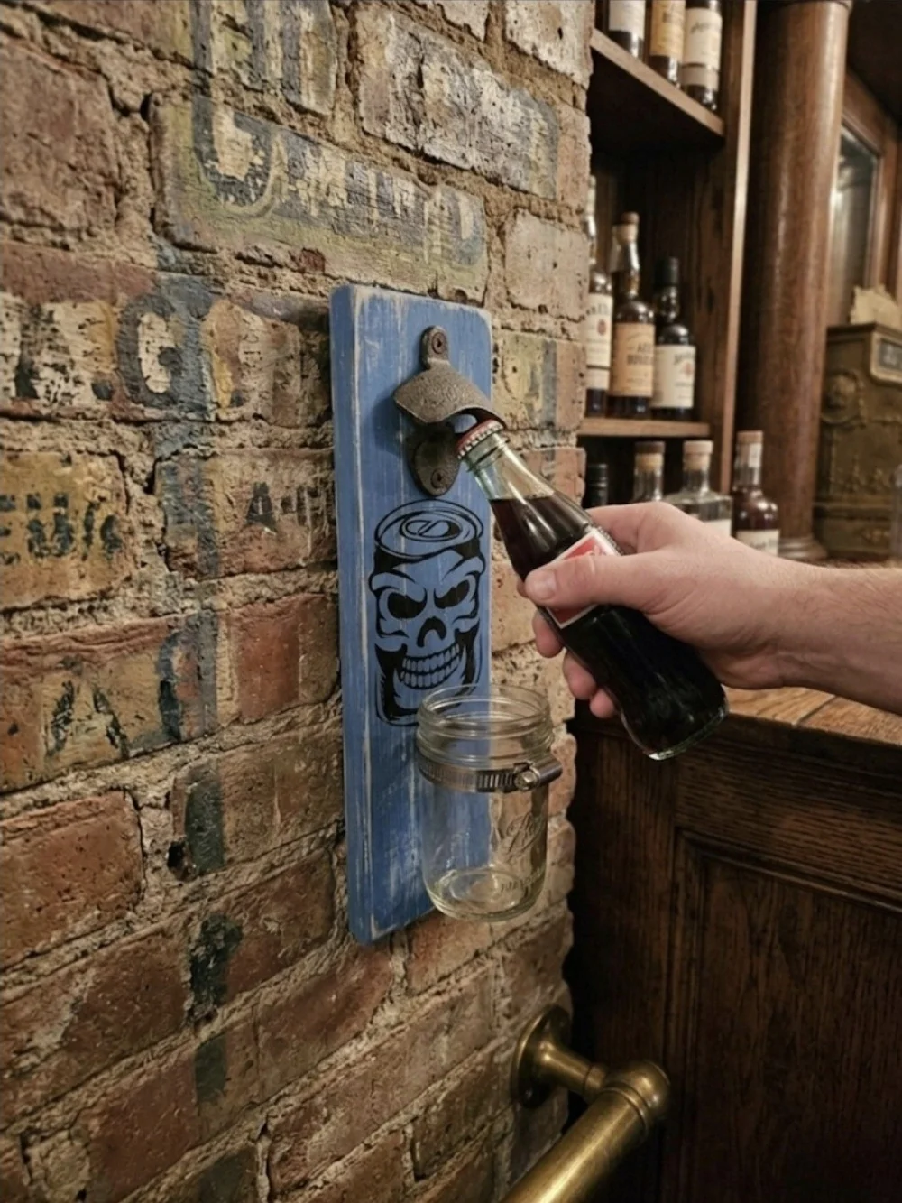 Rustic Wall-Mount Bottle Opener with Mason Jar Cap Catch - Blue Skull